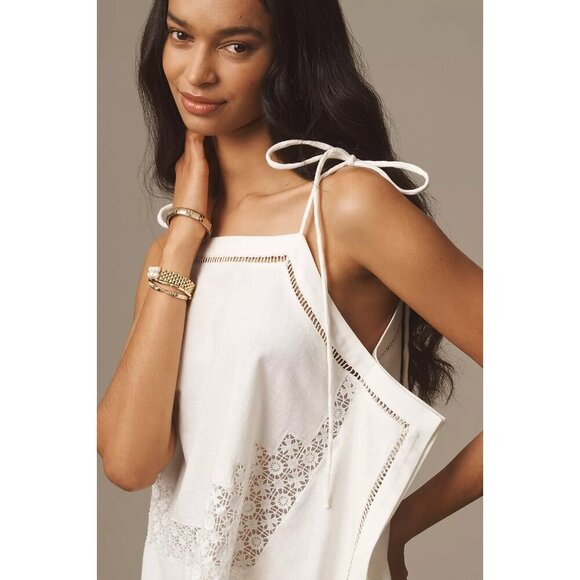 By Anthropologie Tie-Strap Linen Hanky Cutwork Lace Tank M - Picture 4 of 4